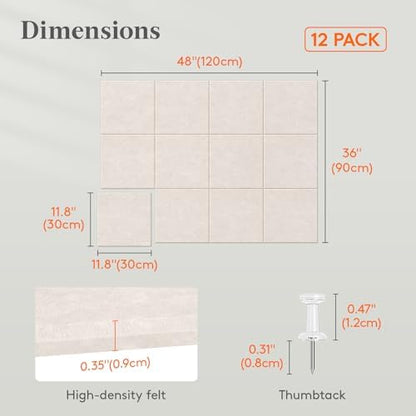 Lifewit 48"x 36" Felt Bulletin Board with Self-Adhesive, 12 Pack Cork Board Alternative for Walls, Large Pin Board Vision Board Message Board with 50 Pushpins for Office Decor, Room Decor, Oatmeal