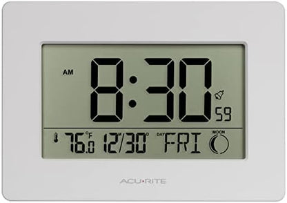 AcuRite Wireless Digital Wall/Tabletop Clock with 4 Interchangeable Plastic Frames - Stainless Steel, Bamboo, Matte Black, and Matte White – with Date, Indoor Temperature, and Moon Phase (75439)