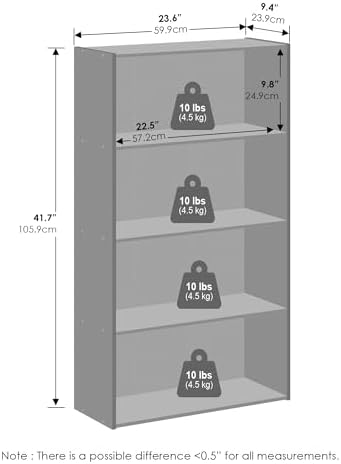 Furinno Simple Book Shelf, 4-Tier Bookshelf, Bookcase with Open Shelf, 9.4 x 23.6 x 41.7, for Living Room, Bedroom, Home Office, Columbia Walnut