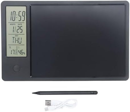 Electronic Calendar Writing Board, LCD Digital Writing Tablet with Notepad, HD Display for Time Temperature Humidity, Reusable Paperless Memo Pad for Office Home (Black)