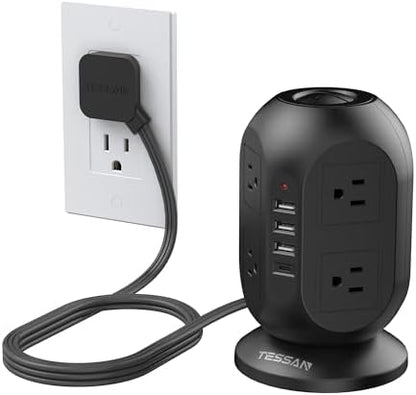 TESSAN Tower Power Strip 10 ft, Long Flat Extension Cord，Multiple Outlets
