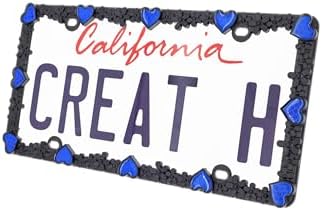 Creathome 3D Daisy Heart License Plate Frame from Pure Zinc Alloy Metal Perfect Plate Holder, Matt Black Daisy with Blue Reflective Heart