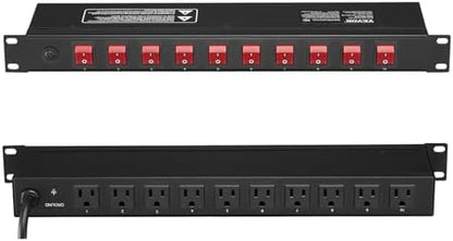 VEVOR 10 Outlet Horizontal 1U Rack Mount PDU Power Strip for Network Server Racks, 10 Individual Led Switches Surge Protection & Overload Protection, 110-125V/15A, with 6ft 14AWG Power Cord