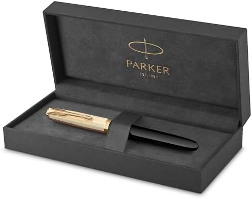 Parker 51 Fountain Pen | Deluxe Black Barrel with Gold Trim | Fine 18k Gold Nib with Black Ink Cartridge | Gift Box