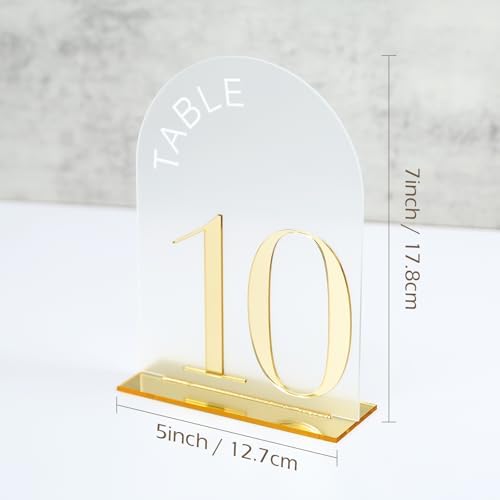 Frosted Arch Wedding Table Numbers 1-10, Gold Numbers and Stands