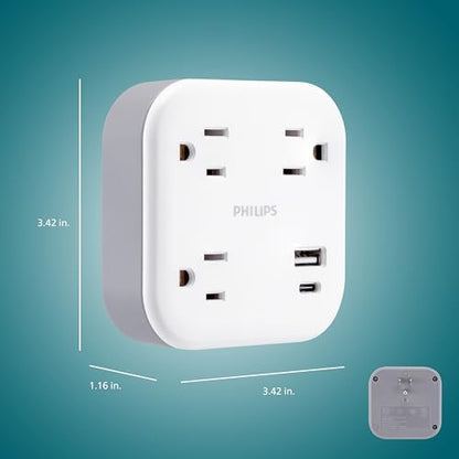 Philips EZFit 3-Outlet Surge Outlet Extender with USB, 1 USB-A, 1 USB-C