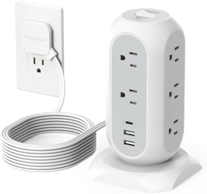 TESSAN Tower Power Strip Flat Plug with 1050J Surge Protection, 10 Ft, Grey