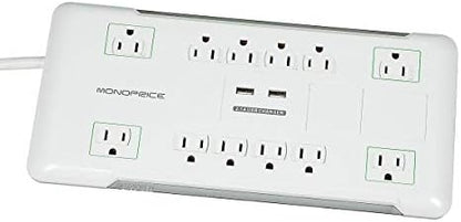 Monoprice Power & Surge - 12 Outlet Surge Protector Power Strip With 2 Built In 2.1A USB Charger Ports - 6 Feet - White | Cord UL Rated, 3,420 Joules With Grounded And Protected Light Indicator