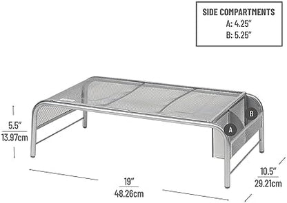 Mind Reader Monitor Stand, Ventilated Laptop Riser, Desktop Organizer, Side Storage, Metal Mesh, 20"L x 11.5"W x 5.5"H, Silver