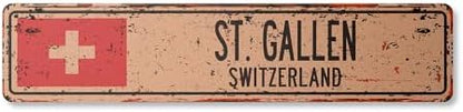 ST. Gallen Switzerland Vintage Aluminum Street Sign Swiss Flag City Country Road Rustic Metal tin Wall Gift | Indoor/Outdoor | 30" Wide