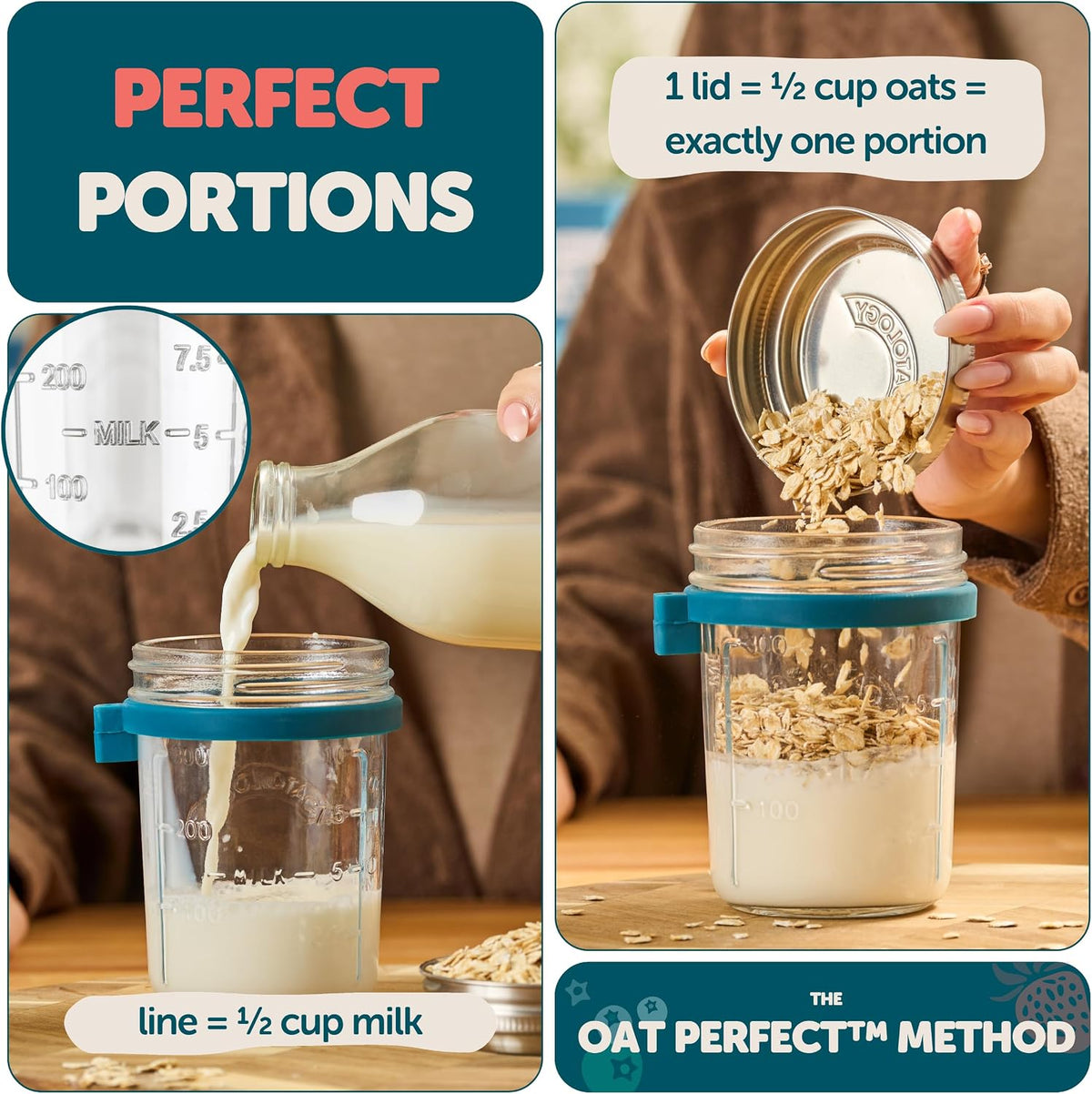 Overnight Oats Jars with Lids and Spoon - Glass Chia Pudding Containers - 16 oz Leakproof Mason Jar for Oatmeal - Wide Mouth To Go Meal Prep Cup with Measurement Markings - 1 Pack