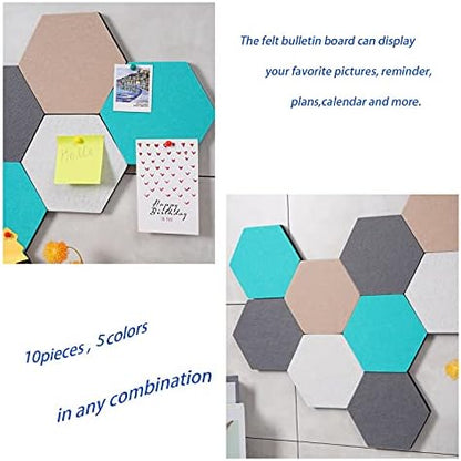 10Pcs Self Adhesive Felt Board Tiles Hexagon Bulletin Board for Walls, Felt Cork Pin Board for Pictures Photos Memos with Push Pins (Color D)