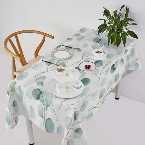 Eucalyptus Leaf Tablecloth, Spring Botanical Sage Green Watercolor Floral Plant Branches Print Table Cloth for Home Kitchen Dining Outdoor Patio Wedding Decor 60x110in