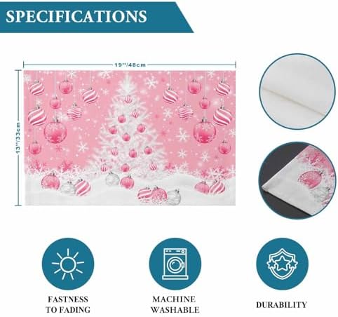 Pink Christmas Placemats Set of 6, White Xmas Tree Snowflakes Pink Balls Heat Resistant Washable Table Place Mats Winter Cotton Table Linens Party Holiday Decor for Kitchen Dining Outdoor Indoor