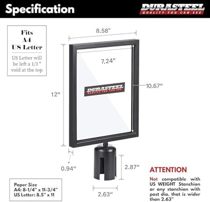 DuraSteel Stanchion Sign Holder 8.5" x 11" Paper Size - Double Sided Portrait Display w/Plexiglass Cover - Black Stanchions Crowd Control Metal Outdoor Sign Holder Stand - NOT Fit US Weight Stantions