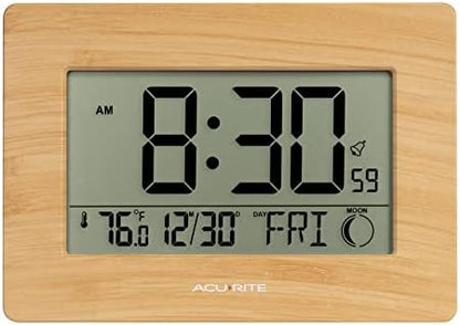AcuRite Wireless Digital Wall/Tabletop Clock with 4 Interchangeable Plastic Frames - Stainless Steel, Bamboo, Matte Black, and Matte White – with Date, Indoor Temperature, and Moon Phase (75439)