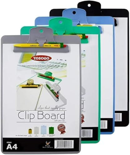 Yosogo A4/Letter Size Plastic Clipboard, 4-Pack with Handy Pen Holder & Bonus Pen, Holds up to 40 Sheets, Durable Plastic – Writing, Office, Stationary, School Supplies Set (4-Pack)
