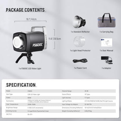 NEEWER Pro 600W RGB LED Video Light APP/2.4G/DMX Control, 2500-7500K 52500lx/1m COB Continuous Output Lighting, CRI95+/TLCI97+ Spotlight with Bag for Studio Photography Recording Streaming, FS600C