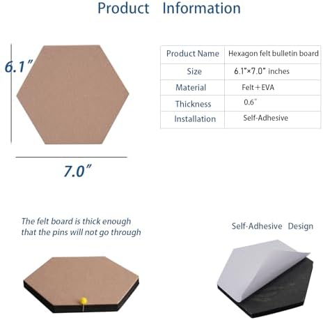 10Pcs Self Adhesive Felt Board Tiles Hexagon Bulletin Board for Walls, Felt Cork Pin Board for Pictures Photos Memos with Push Pins (Color D)