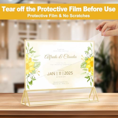 EHWINE 12 Pack Acrylic Sign Holder 4 x 6 Horizontal, Double-Sided Stand up Table Top Sign Holders, Gold Acrylic Picture Frame Menu Flyer Paper Holder Display Stand for Office Business Store Wedding Party