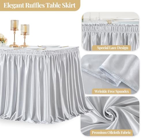 Wish Care 21ft Silver Satin Long Table Skirt for Rectangle Tables Wrinkle Free Teacher Desk Skirt Glitter Ruffle Table Skirting Cloth for Back to School Classroom Office Birthday Party Table Decor