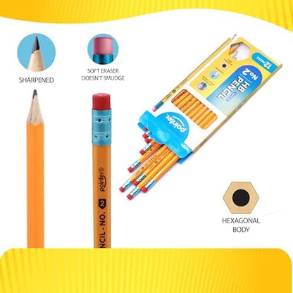 Pointer No. 2 HB Pencils – 12 Pack Pre‑Sharpened Yellow Wood‑Cased Pencils with Soft Erasers, Hexagonal Body for School, Office & Standardized Testing