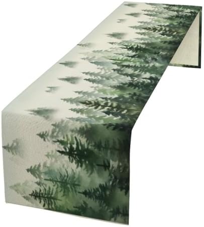 Watercolor Green Pine Trees Table Runner, Forest Woodland Tabletop Scarf Home Kitchen Holiday Decor, Seasonal Farmhouse Rustic Dining Decorations Party Supply 13 X 70 Inch