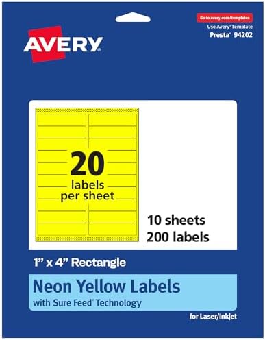 Avery Printable Rectangle Labels, Sure Feed Technology, 1" x 4", Neon Yellow Labels, Laser/Inkjet Printable, 200 Total, Great for Mailing and Cosmetics