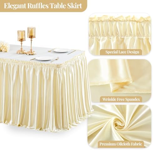 Wish Care 9ft Champagne Satin Table Skirt for Rectangle Tables Wrinkle Free Teacher Desk Skirt Glitter Ruffle Table Skirting Cloth for Back to School Classroom Office Dorm Birthday Party Table Decor
