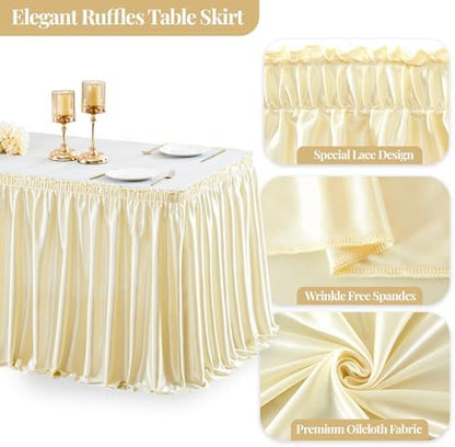 Wish Care 9ft Champagne Satin Table Skirt for Rectangle Tables Wrinkle Free Teacher Desk Skirt Glitter Ruffle Table Skirting Cloth for Back to School Classroom Office Dorm Birthday Party Table Decor