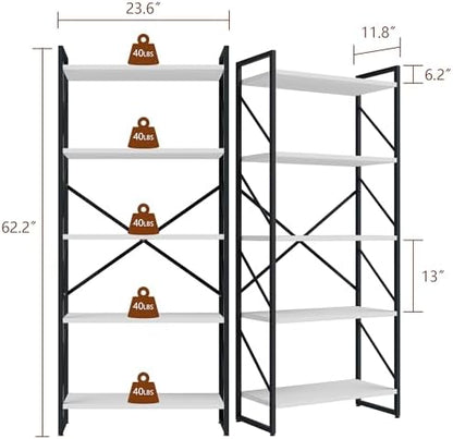 Shintenchi 5 Tiers Bookshelf, Classically Tall Bookcase Shelf,Industrial Book Rack,Modern Book Holder in Bedroom/Living Room/Office, Storage Rack Shelves for Books/Movies,11.8" Dx23.6 Wx62.2 H,White