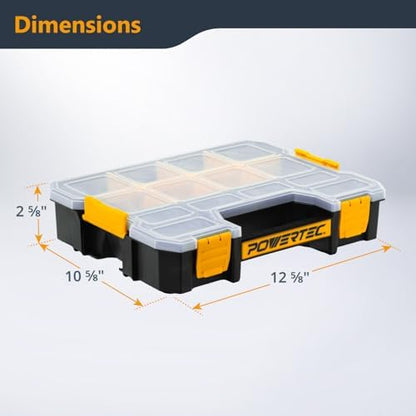 POWERTEC Small Parts Organizer & Tool Box – 14 Compartments, Stackable Storage with Interlocking Latch, Removable Dividers, Clear Lid, Portable Design, 2-Pack (72364-P2)