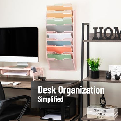 Mind Reader Wall File Organizer, 8 Pocket Hanging Document Rack, Office Wall Mount, Metal Mesh, Pink