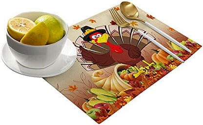 Vandarllin Thanksgiving Turkey Placemats Set of 4, Fall Leaf Autumn Harvest Pumpkin Cotton Linen Stain Resistant Table Mats Washable Placemat Decoration for Kitchen Dining Table,Yellow