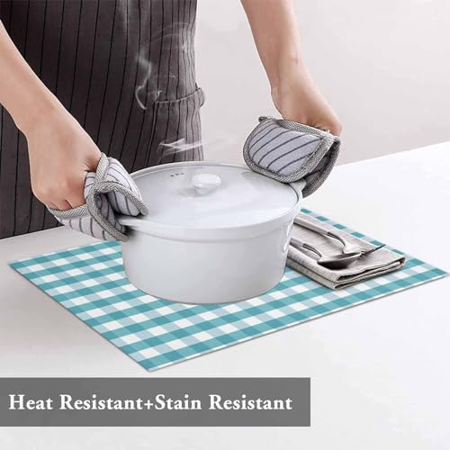 Rustic Teal White Buffalo Check Plaid Pattern Placemats Set of 6, Farmhouse Heat Resistant Washable Table Place Mats Cotton Table Linens Party Holiday Decor for Kitchen Dining Outdoor Indoor