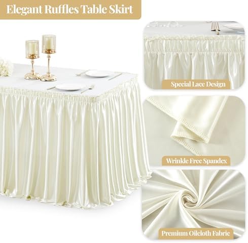 Wish Care 17ft Ivory Satin Long Table Skirt for Rectangle Tables Wrinkle Free Teacher Desk Skirt Glitter Ruffle Table Skirting Cloth for Back to School Classroom Office Birthday Party Table Decor