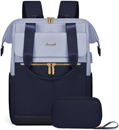 LOVEVOOK Laptop Backpack for Women, 15.6 Inch Work Laptop Bag with USB Port, Fashion Teacher Nurse Backpack Purse, Waterproof Travel Computer Backpack with Organizer Bag, 2PCS, Grey Blue-Ink Blue