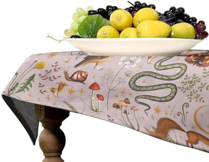 Rustic Forest Tablecloth, Pink Woodland Wild Animal Hare Squirrel Owl Snail Flowers Mushroom Table Cloth for Home Kitchen Dining Outdoor Patio Wedding Decor 55x75in
