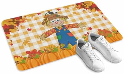 Fall Door Mat Scarecrows Crow Pumpkin Doormat Maple Leaf Orange Buffalo Plaid Harvest Thanksgiving Welcome Mat Non Slip Entryway Front Rug Floor Mat for Indoor Outdoor Kitchen Autumn Holiday 20x32