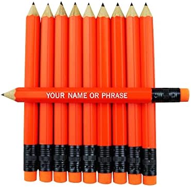 EZPENCILS & GIFTS - Golf Pencils Tipped with Eraser (1/2 a Pencil - Pew Pencils) - Neon Orange Colored Barrel - FREE-PERSONALIZATION - 2HB Black Lead - Custom Text - Non-Smear Eraser – Package of 80