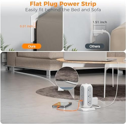 TESSAN Tower Power Strip Flat Plug with 1050J Surge Protection, 10 Ft, Grey
