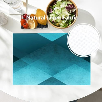 Batmerry Teal Modern Geometric Placemats, Vintage Washable Linen Table Mats for Kitchen Table Double Insulation Decor Dining Set Indoor Outdoor 12X18 in Set of 8