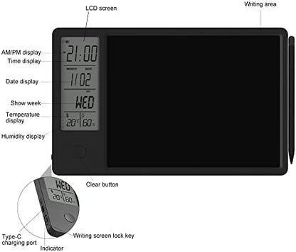 Electronic Calendar with Notepad Digital Clock Date Display Desktop Calendar Rechargeable 9.5inch Writing Board for Office Business Home Decor(Black)