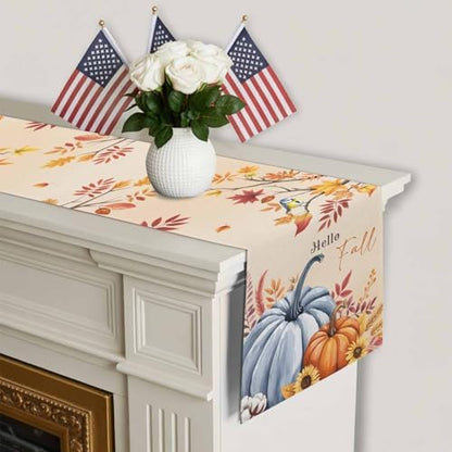 Fall Table Runner Hello Fall Pumpkin Table Runners Harvest Thanksgiving Maple Leaves Sunflower Bird Cotton Linen Dresser Scarf Kitchen Dining Table Decor for Autumn Holiday Party Coffee 13x48 Inch