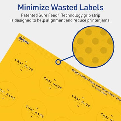 Avery Printable Round Labels, Sure Feed Technology, 1-1/2" Diameter, Bright Yellow Labels, Print-to-The-Edge, Laser/Inkjet Printable, 800 Total, Great for Stickers and Candles