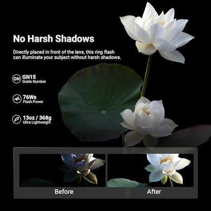 NEEWER 76Ws Marco Ring Flash Compatible with Nikon Cameras, 1-1/128 Output, GN15 5600K TTL Flash Light w Front/Rear Curtain Sync, Color Gels, Lens Adapters for Macro Photography Lighting, RF1-N