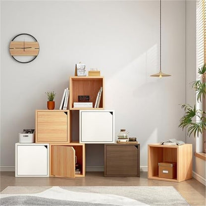 Timber Vertical or Horizontal Organizing Shelf with 1 Cabinet Closed Back Modular Cube Storage Unit, Book Storage Bookshelf, Glass Small Bookcase, Square Grid Cabinet Wood Clear Acrylic Door