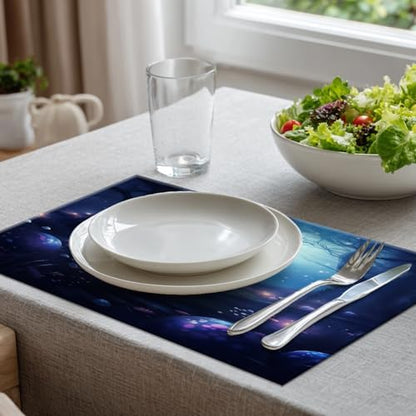Batmerry Night Forest Glowing Elements Linen Placemats Set of 4, Mysterious Night Forest Scene Washable Table Mats for Kitchen Table Thickened Heat Insulation Dining Set Indoor Outdoor 12X18 in