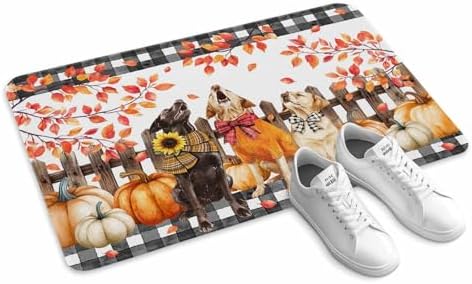 Fall Door Mat Orange Pumpkin Dog Doormat Bow Puppy Maple Leaves Fence Plaid Harvest Thanksgiving Welcome Mat Non Slip Entryway Front Rug Floor Mat for Indoor Outdoor Kitchen Autumn Holiday Decor 20x32