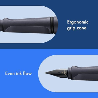 LAMY safari steel black - Fountain Pen with ergonomic grip & polished steel nib in size F - ideal for any Writing & Calligraphy - including LAMY T 10 blue cartridge - Right-Handed